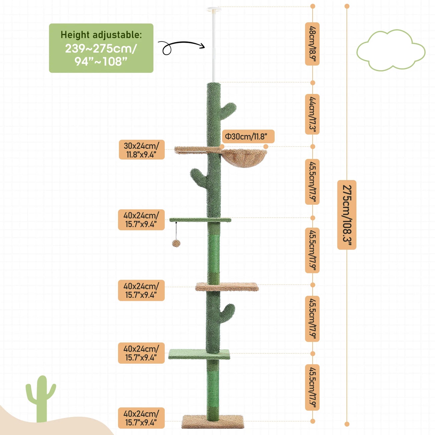 239-275cm "Cactus" Adjustable Floor-to-Ceiling Cat Tree