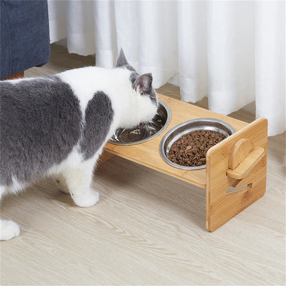 Premium Bamboo & Double Stainless Steel Feeding Station