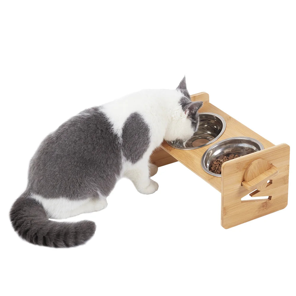 Premium Bamboo & Double Stainless Steel Feeding Station