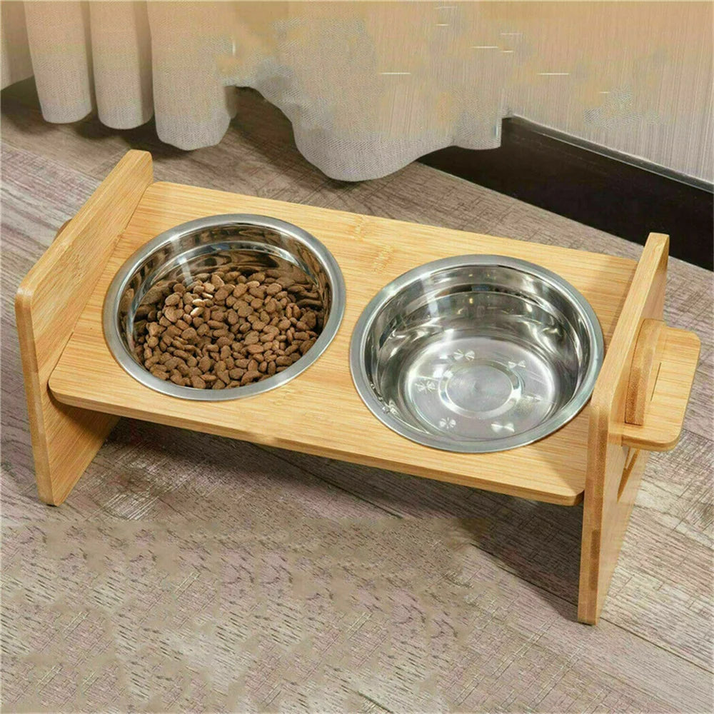 Premium Bamboo & Double Stainless Steel Feeding Station