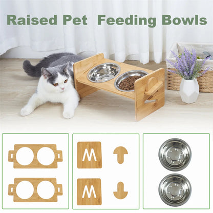 Premium Bamboo & Double Stainless Steel Feeding Station