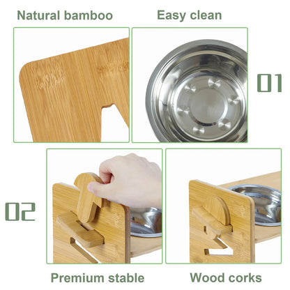 Premium Bamboo & Double Stainless Steel Feeding Station