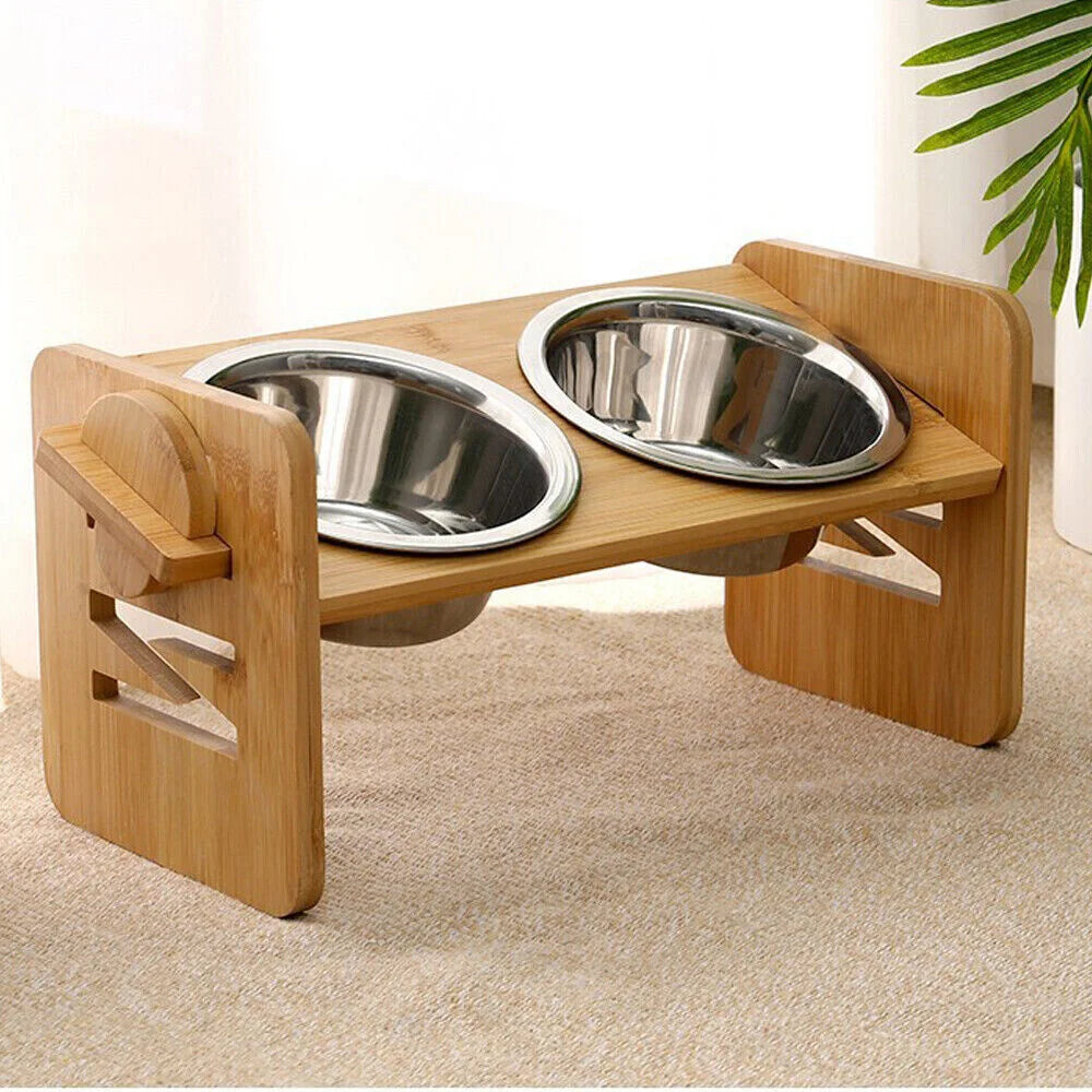 Premium Bamboo & Double Stainless Steel Feeding Station