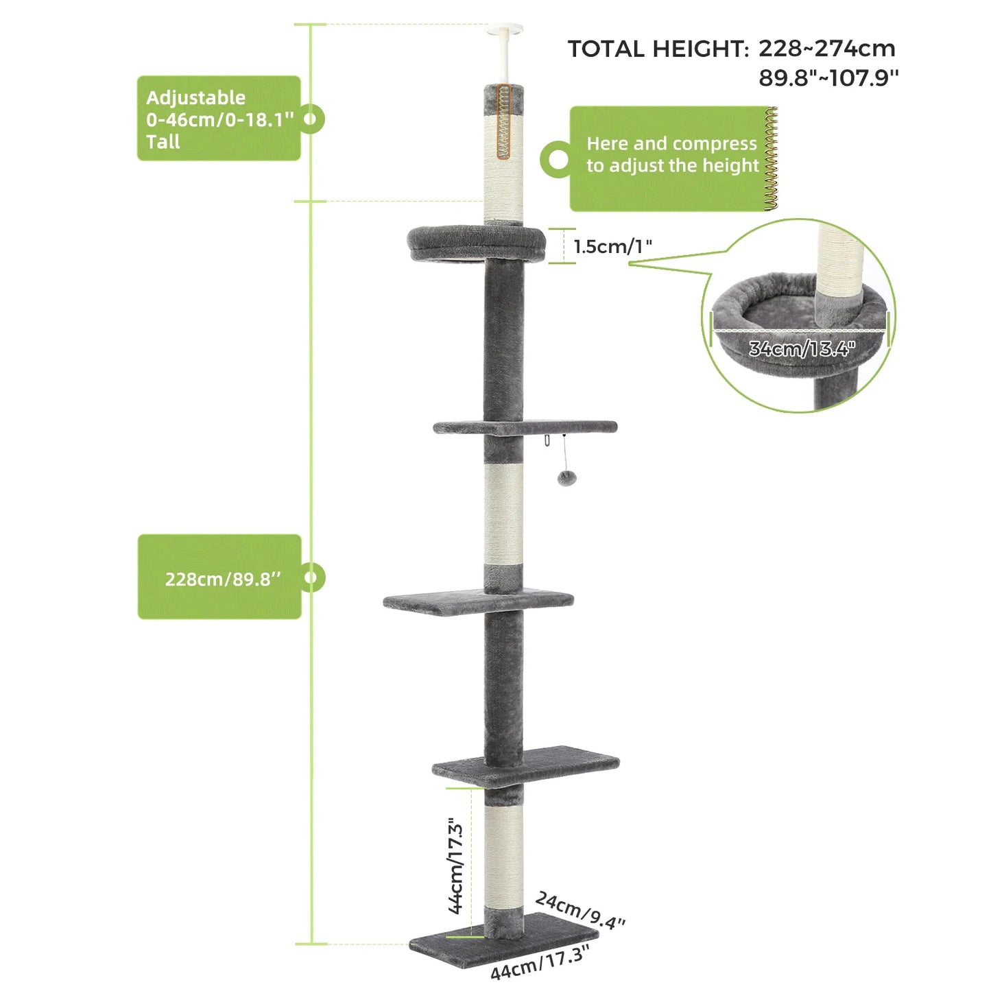 Albero per gatti regolabile dal pavimento al soffitto "Cactus" da 239-275 cm