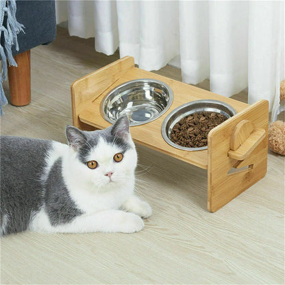 Premium Bamboo & Double Stainless Steel Feeding Station